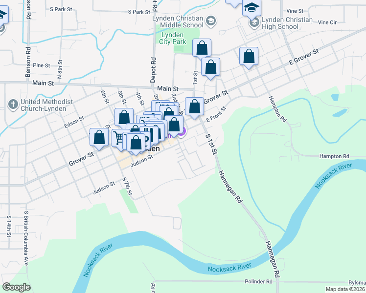 map of restaurants, bars, coffee shops, grocery stores, and more near 205 Front Street in Lynden