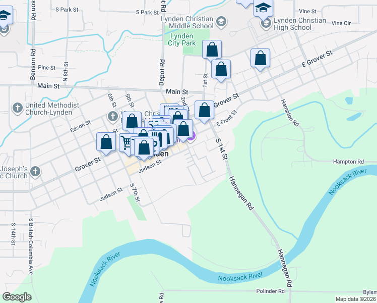 map of restaurants, bars, coffee shops, grocery stores, and more near 205 Front Street in Lynden