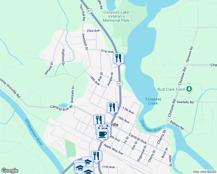 map of restaurants, bars, coffee shops, grocery stores, and more near 1803 Juniper Street in Oroville
