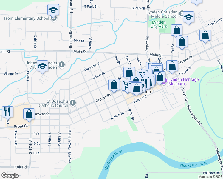 map of restaurants, bars, coffee shops, grocery stores, and more near 209 7th Street in Lynden