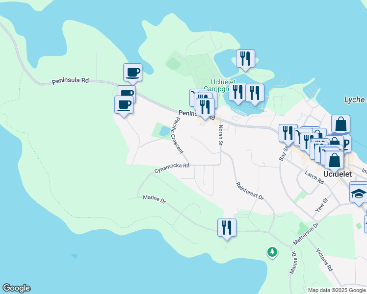 map of restaurants, bars, coffee shops, grocery stores, and more near 380 Pacific Crescent in Ucluelet