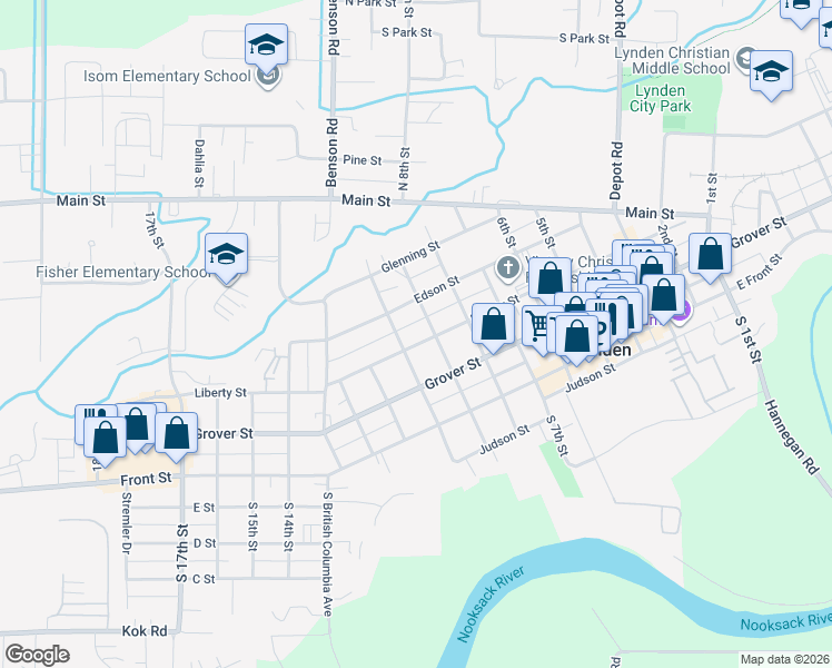map of restaurants, bars, coffee shops, grocery stores, and more near 307 9th Street in Lynden