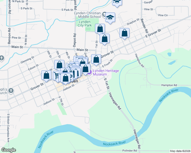 map of restaurants, bars, coffee shops, grocery stores, and more near 205 Front Street in Lynden