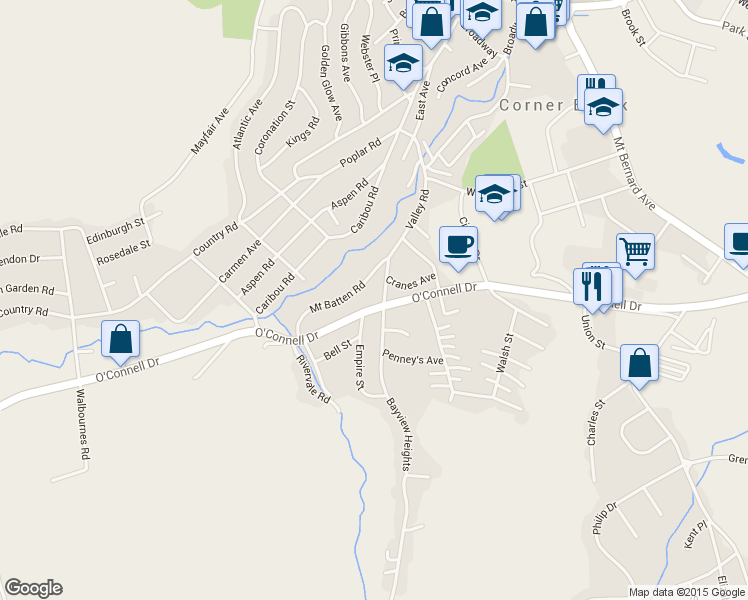 map of restaurants, bars, coffee shops, grocery stores, and more near 106 Valley Road in Corner Brook