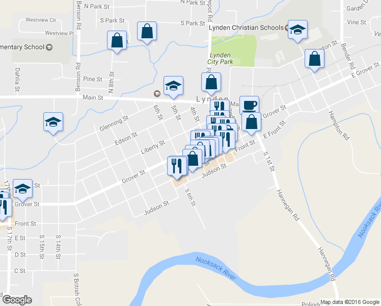 map of restaurants, bars, coffee shops, grocery stores, and more near 501 Grover Street in Lynden