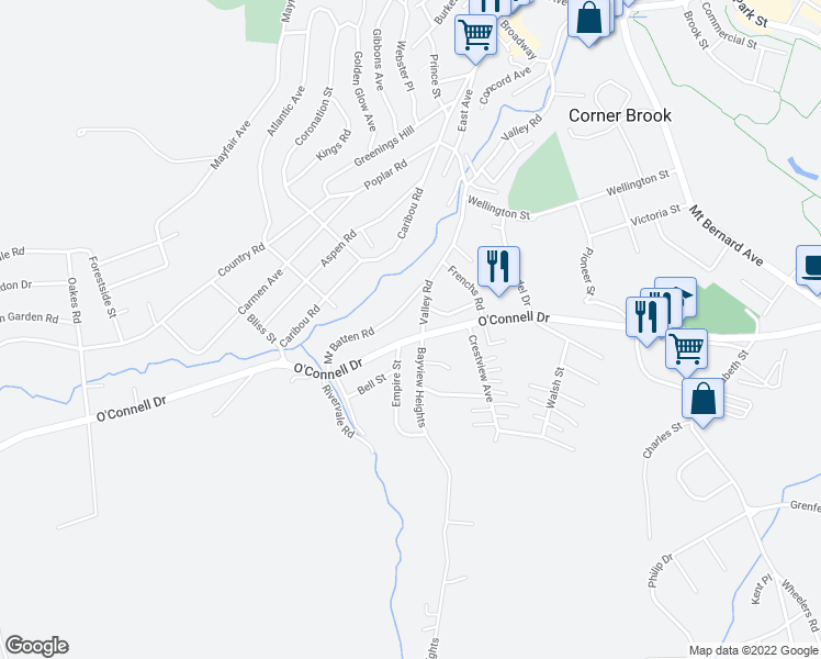 map of restaurants, bars, coffee shops, grocery stores, and more near 106 Valley Road in Corner Brook