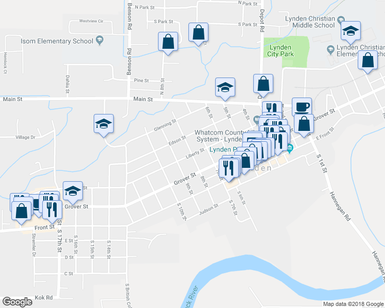 map of restaurants, bars, coffee shops, grocery stores, and more near 300 8th Street in Lynden