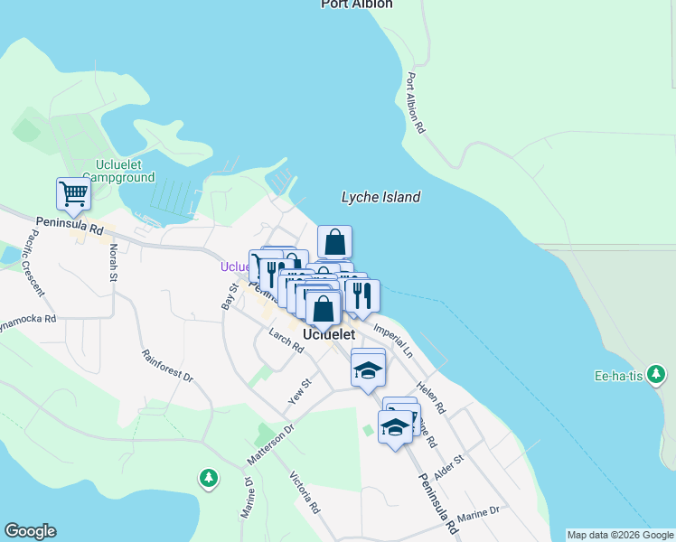 map of restaurants, bars, coffee shops, grocery stores, and more near Main Street in Ucluelet