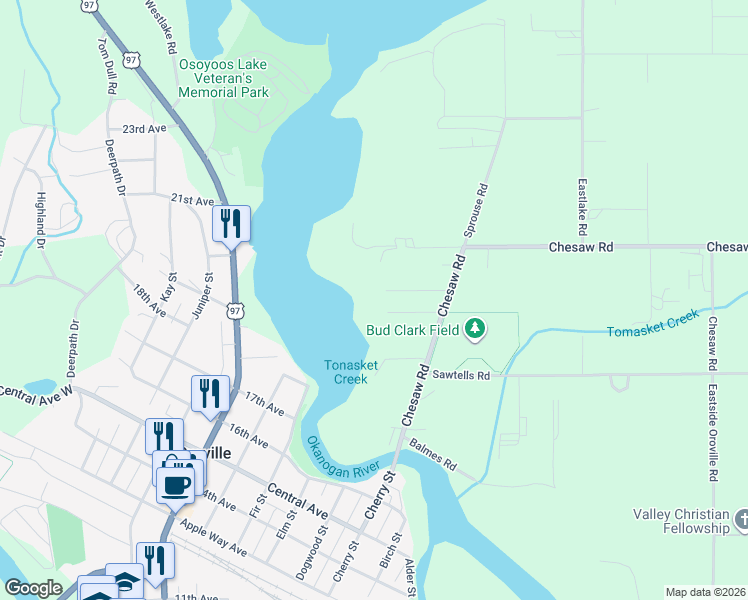 map of restaurants, bars, coffee shops, grocery stores, and more near 85A Chesaw Road in Oroville