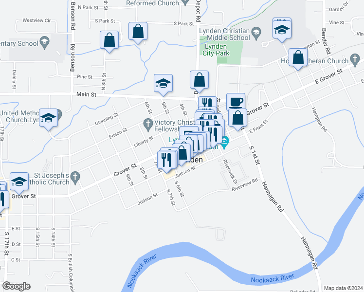 map of restaurants, bars, coffee shops, grocery stores, and more near 501 Grover Street in Lynden