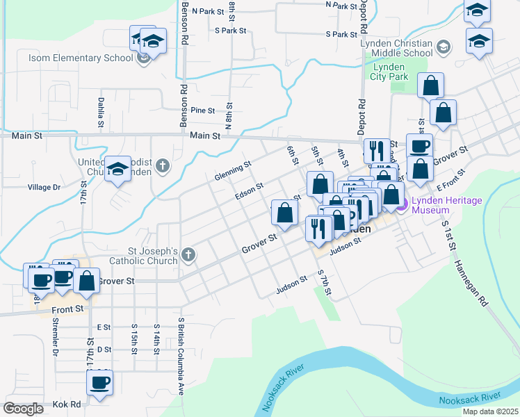 map of restaurants, bars, coffee shops, grocery stores, and more near 301 8th Street in Lynden