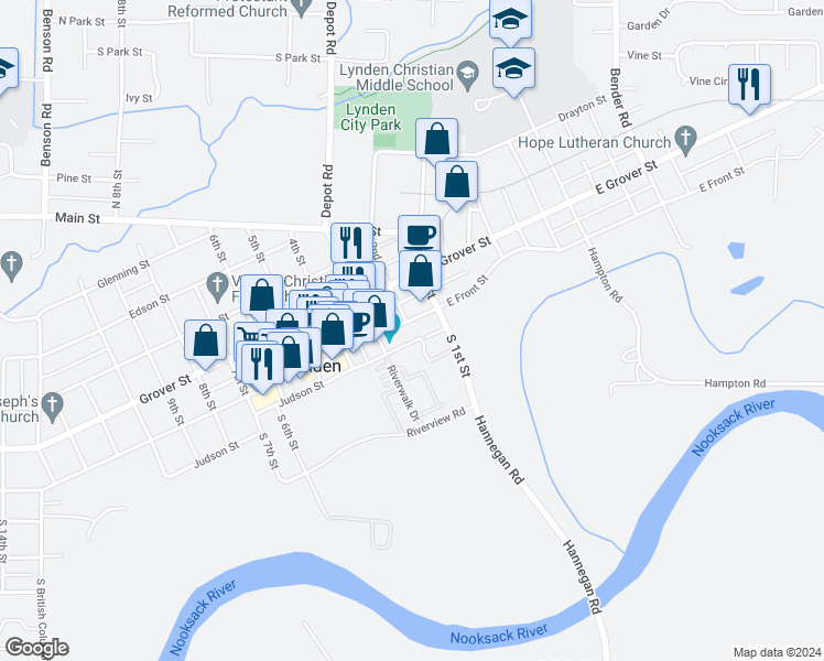 map of restaurants, bars, coffee shops, grocery stores, and more near 205 Front Street in Lynden