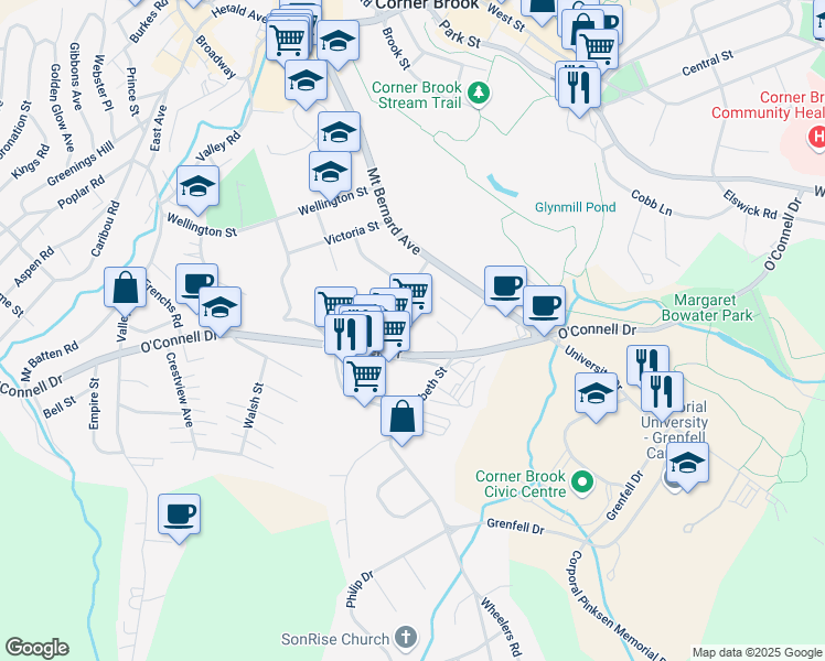 map of restaurants, bars, coffee shops, grocery stores, and more near 137 O'Connell Drive in Corner Brook