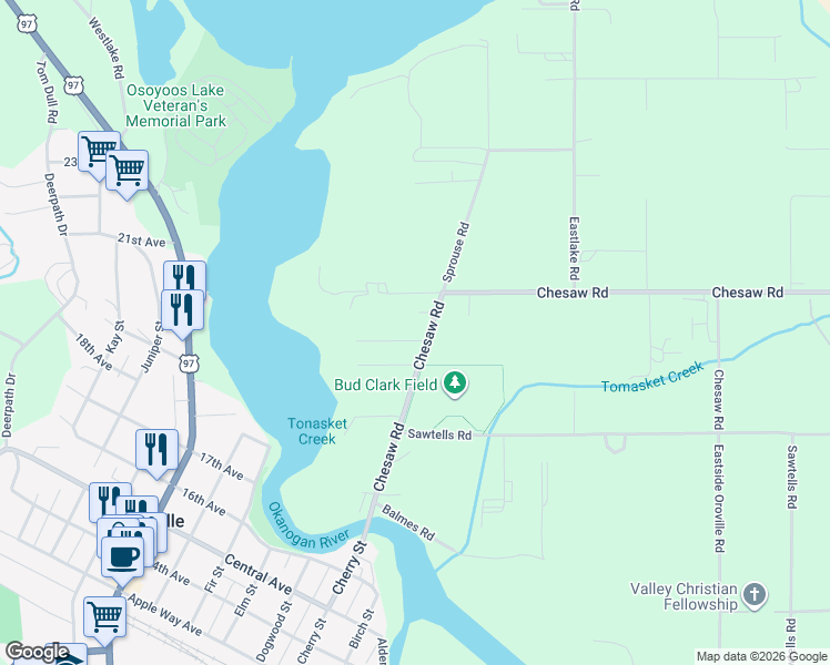 map of restaurants, bars, coffee shops, grocery stores, and more near 77 Chesaw Road in Oroville