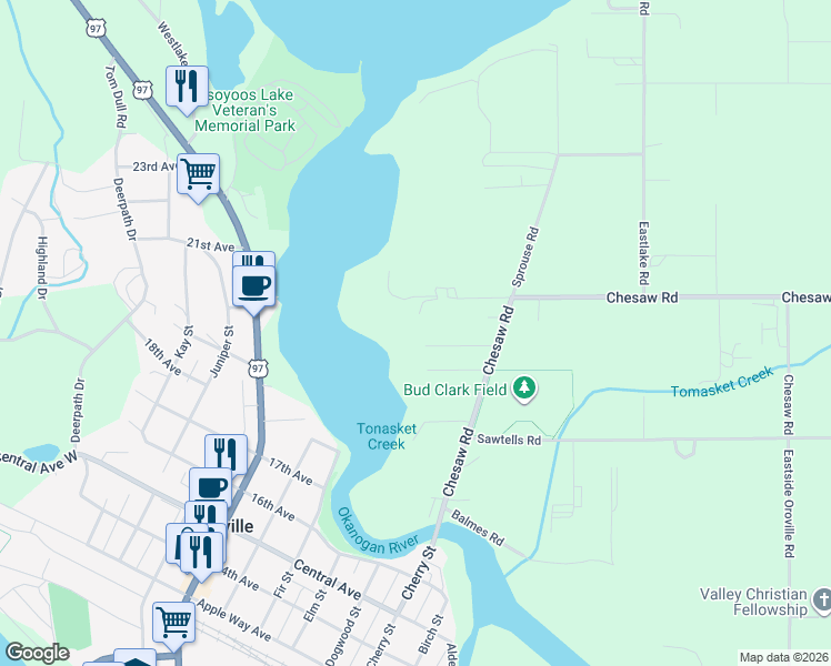 map of restaurants, bars, coffee shops, grocery stores, and more near 85A Chesaw Road in Oroville