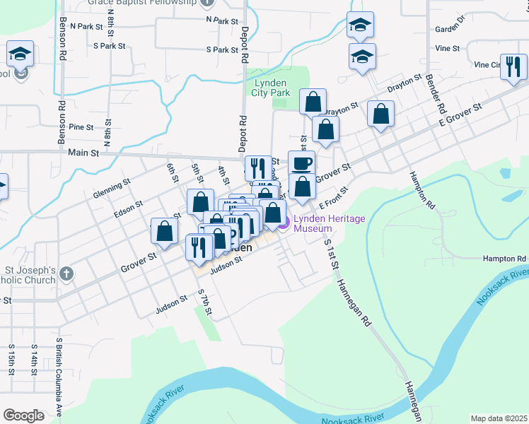 map of restaurants, bars, coffee shops, grocery stores, and more near 304 Front Street in Lynden
