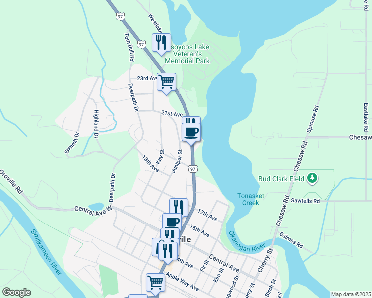 map of restaurants, bars, coffee shops, grocery stores, and more near 2002 Main Street in Oroville