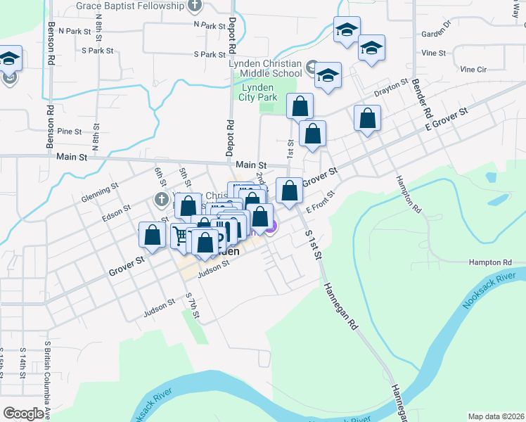 map of restaurants, bars, coffee shops, grocery stores, and more near 206 3rd Street in Lynden