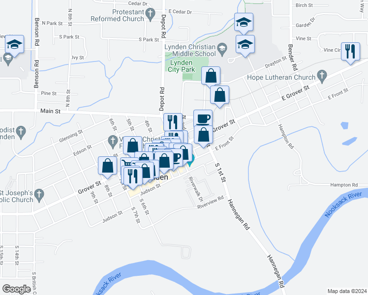 map of restaurants, bars, coffee shops, grocery stores, and more near 206 3rd Street in Lynden