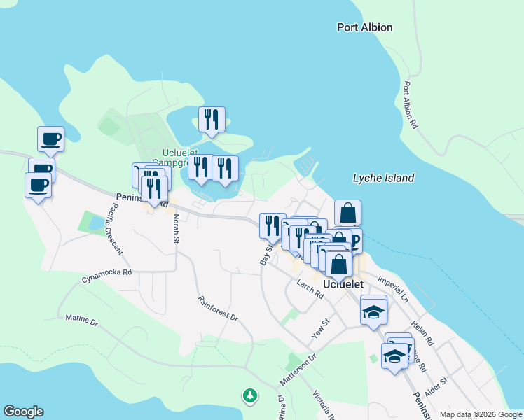 map of restaurants, bars, coffee shops, grocery stores, and more near 247 Hemlock Street in Ucluelet