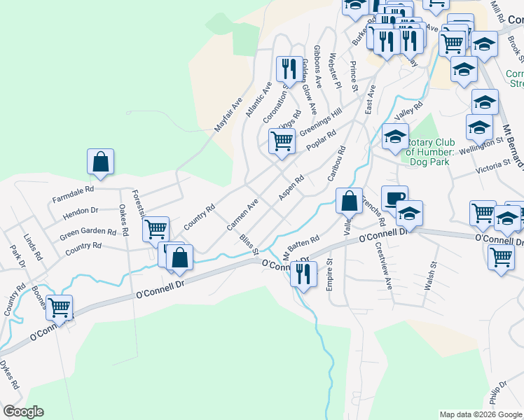 map of restaurants, bars, coffee shops, grocery stores, and more near 27 Carmen Avenue in Corner Brook