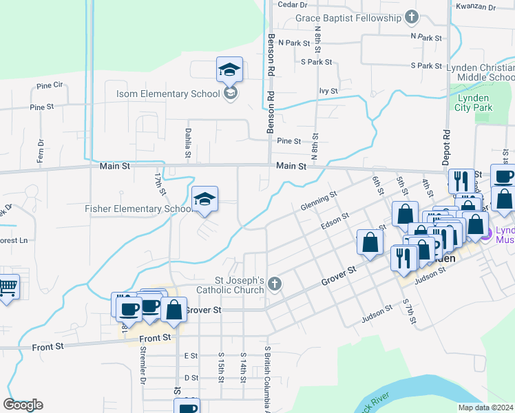 map of restaurants, bars, coffee shops, grocery stores, and more near 521 Main Place in Lynden