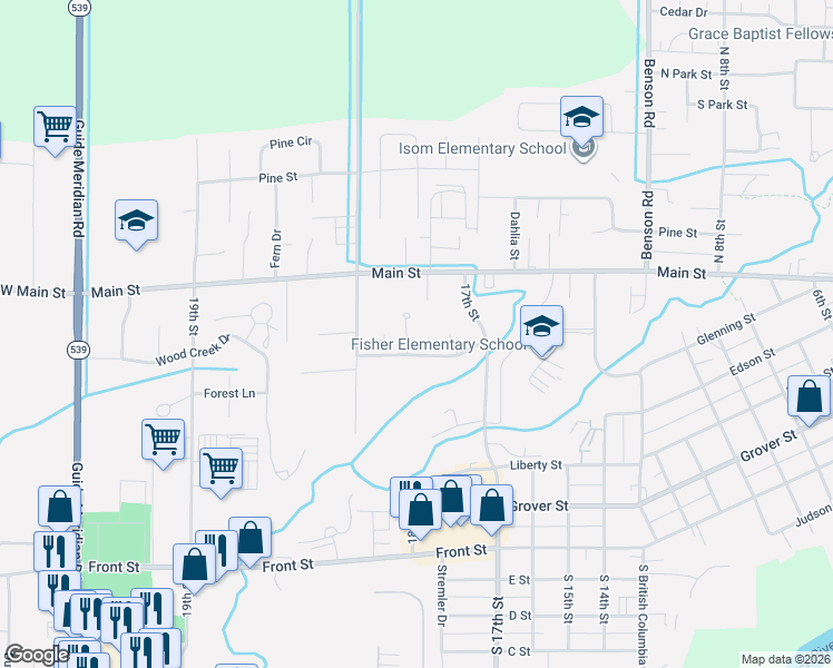map of restaurants, bars, coffee shops, grocery stores, and more near 504 Palmer Court in Lynden