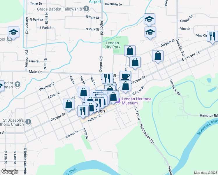 map of restaurants, bars, coffee shops, grocery stores, and more near 206 3rd St in Lynden