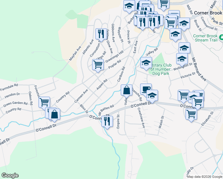 map of restaurants, bars, coffee shops, grocery stores, and more near 119 A Caribou Road in Corner Brook