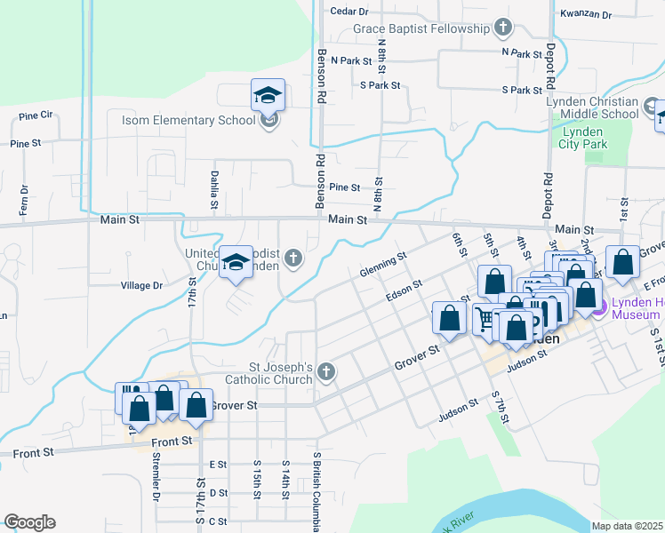 map of restaurants, bars, coffee shops, grocery stores, and more near 1020 Glenning Street in Lynden