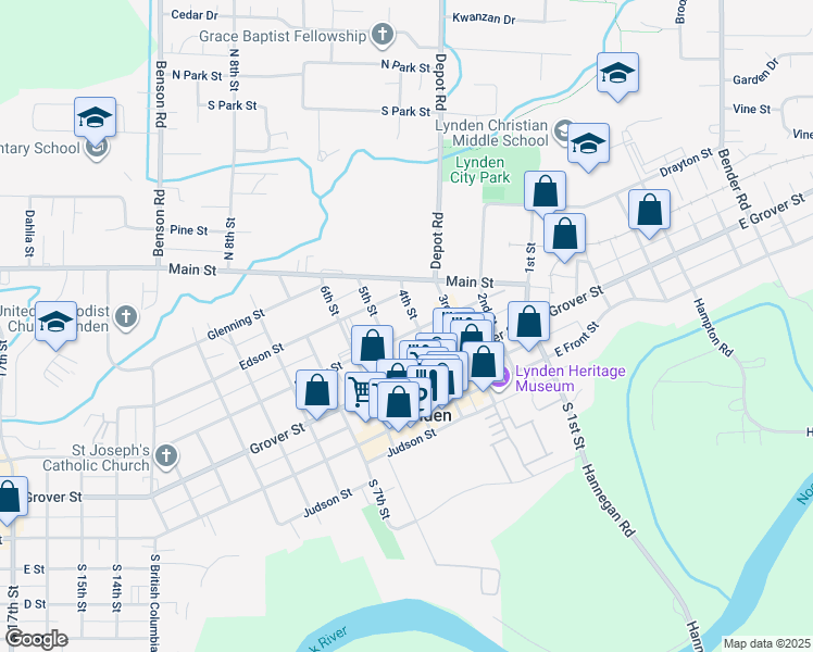 map of restaurants, bars, coffee shops, grocery stores, and more near in Lynden