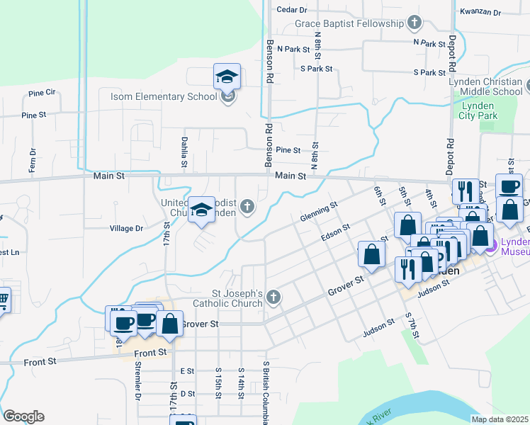 map of restaurants, bars, coffee shops, grocery stores, and more near 1020 Glenning Street in Lynden