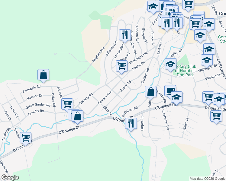 map of restaurants, bars, coffee shops, grocery stores, and more near 27 Carmen Avenue in Corner Brook