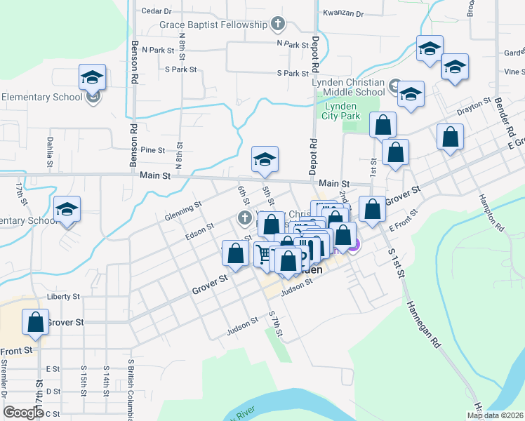 map of restaurants, bars, coffee shops, grocery stores, and more near 511 Edson Street in Lynden