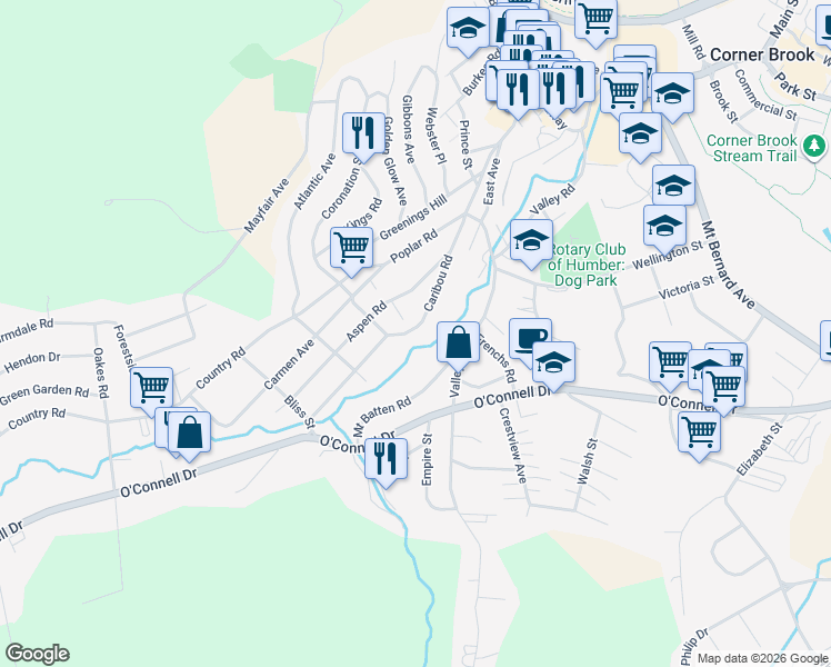 map of restaurants, bars, coffee shops, grocery stores, and more near 119 A Caribou Road in Corner Brook