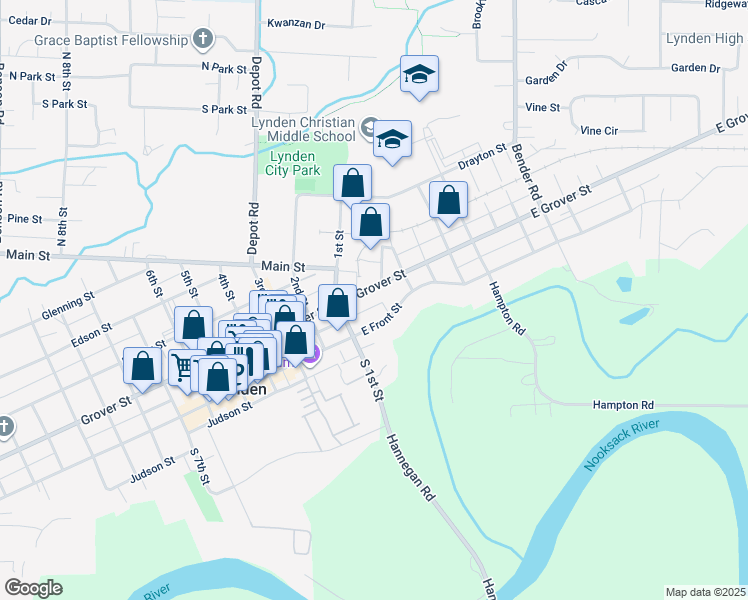 map of restaurants, bars, coffee shops, grocery stores, and more near 126 East Grover Street in Lynden