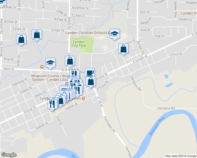 map of restaurants, bars, coffee shops, grocery stores, and more near 126 East Grover Street in Lynden