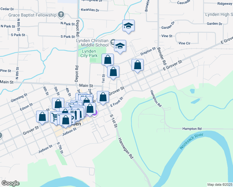 map of restaurants, bars, coffee shops, grocery stores, and more near 134 Grover Street in Lynden