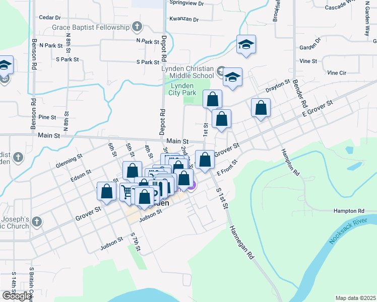 map of restaurants, bars, coffee shops, grocery stores, and more near 134 Grover Street in Lynden