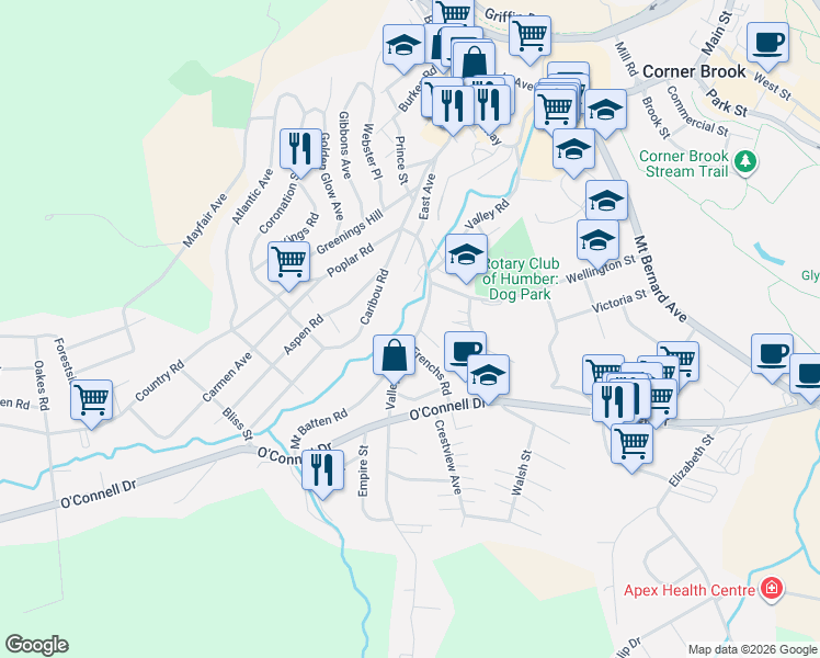 map of restaurants, bars, coffee shops, grocery stores, and more near 4 Frenchs Road in Corner Brook