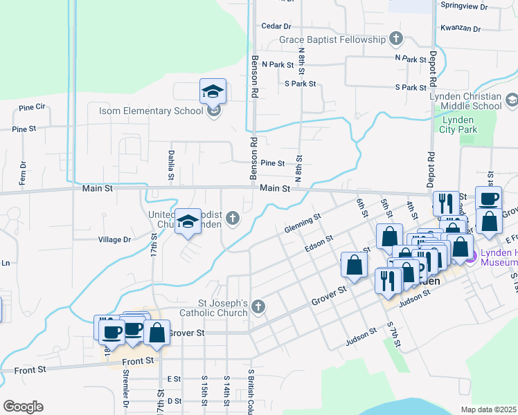 map of restaurants, bars, coffee shops, grocery stores, and more near 875 Main Street in Lynden