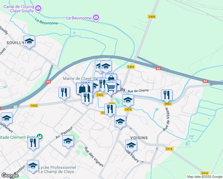 map of restaurants, bars, coffee shops, grocery stores, and more near in Claye-Souilly
