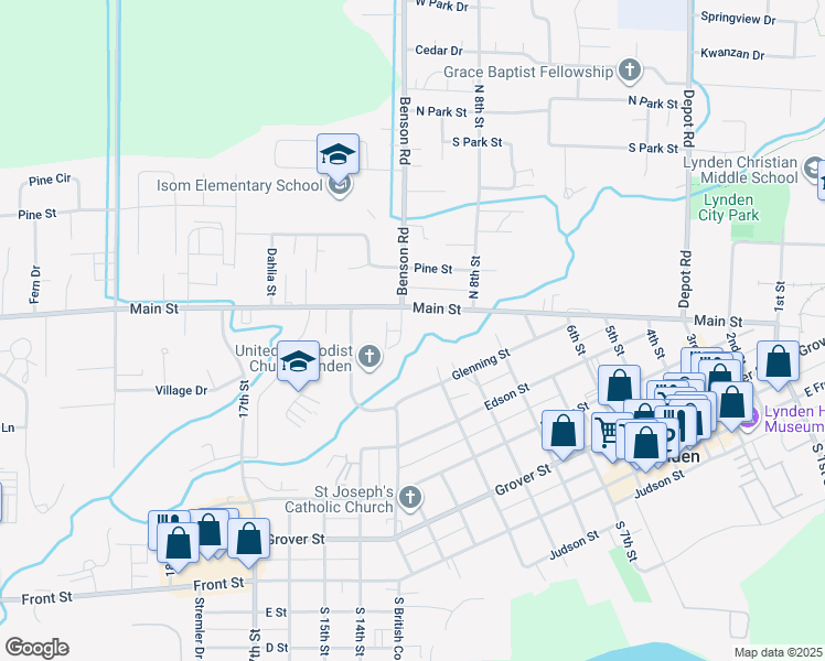 map of restaurants, bars, coffee shops, grocery stores, and more near 875 Main Street in Lynden