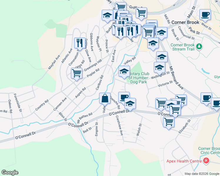 map of restaurants, bars, coffee shops, grocery stores, and more near 78 Valley Road in Corner Brook