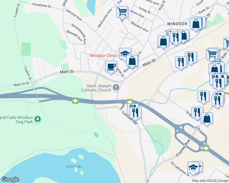 map of restaurants, bars, coffee shops, grocery stores, and more near 3 Station Road in Grand Falls-Windsor