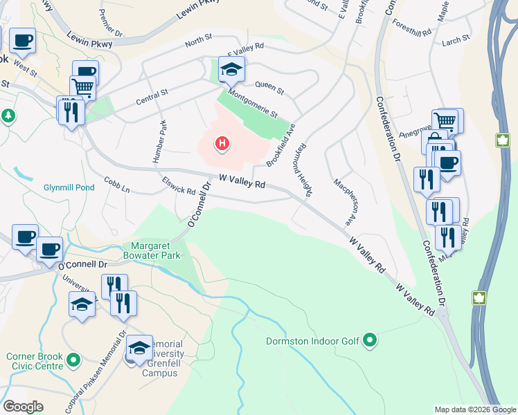 map of restaurants, bars, coffee shops, grocery stores, and more near 107 A West Valley Road in Corner Brook
