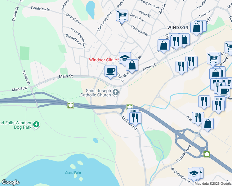 map of restaurants, bars, coffee shops, grocery stores, and more near 3 Station Road in Grand Falls-Windsor