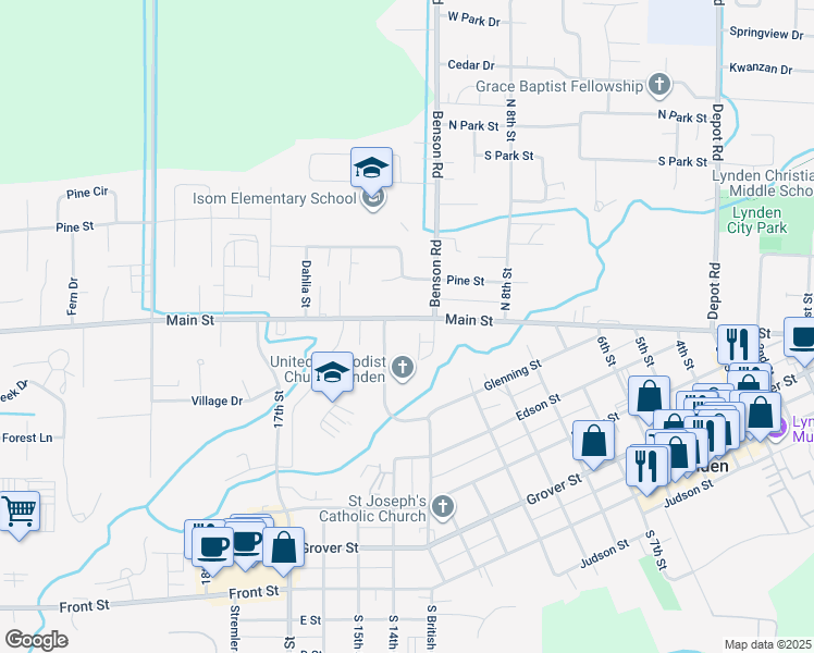 map of restaurants, bars, coffee shops, grocery stores, and more near 1313 Main Street in Lynden