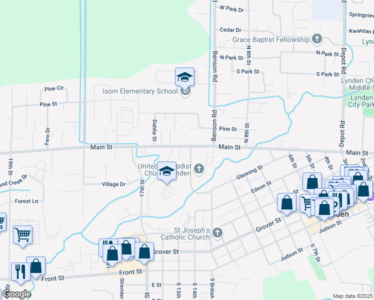 map of restaurants, bars, coffee shops, grocery stores, and more near 1403 Main Street in Lynden
