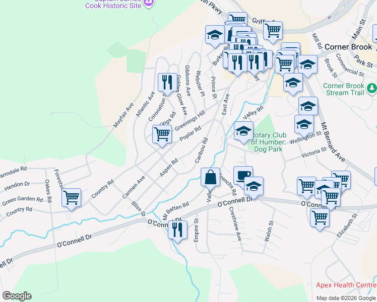map of restaurants, bars, coffee shops, grocery stores, and more near 14 Aspen Road in Corner Brook